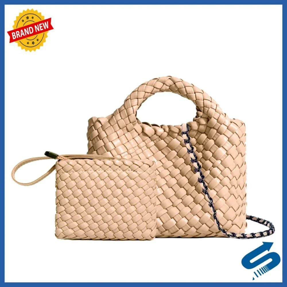 Woven Vegan Leather Tote Crossbody Bag Foldable Chain Hobo Satchel Minimal Chic